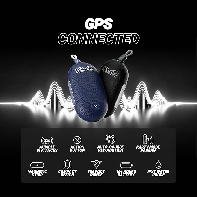 Blue Tees Golf Player Go - Golf GPS Speaker, Powered by AI, Compact GPS Speaker, Auto Course Recognition, Bluetooth Audio, 40,000+ Courses, IPX7 Waterproof, 16+ hr Battery, Built-in Magnetic Strip