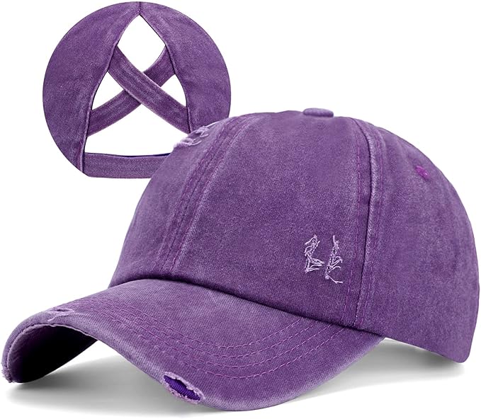 Criss Cross Ponytail Hat Women Washed Distressed Baseball Caps Adjustable High Messy Bun Ponycap