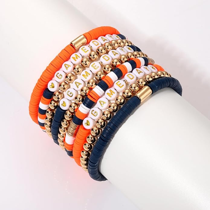 NLCAC 9 Pack Game Day Bracelets Stackable Heishi Beaded Stretchy Bracelet Preppy Jewelry Baseball Football Team Bracelets Sports Fan Accessories Gifts