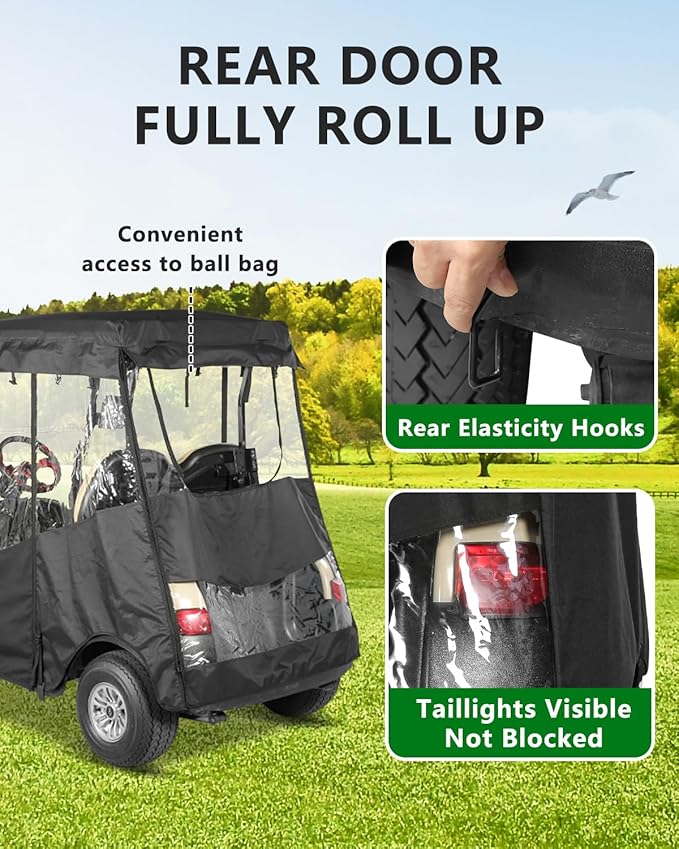 2 Passenger Golf Cart Enclosure for Club Car Precedent, 600D Waterproof Rain Driving Cover with 3 Sided Roll-Up Clear Windows & Doors, Heavy Duty Zippers & Side Mirror Openings