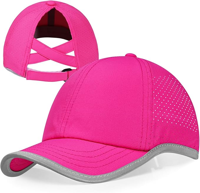 Little Girls Reflective Baseball Cap Criss Cross Ponytail Hat Kids Quick Dry Mesh Summer Sports Hat for Toddler Ages 3-8