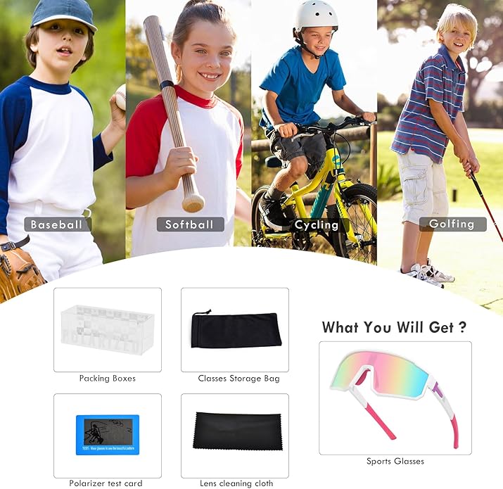 MVPTGRS Youth Baseball Sunglasses for Boys Girls Age 8-14 TR90 Frame Kids Sport Sunglasses for Softball Cycling Baseball Golf