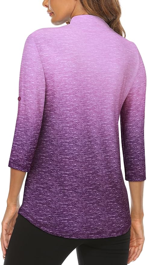 Koscacy Women's 3/4 Roll Sleeve Golf Tennis Polo Shirts UPF50+ Half Zip Dry Fit Workout Tops Athletic Shirt