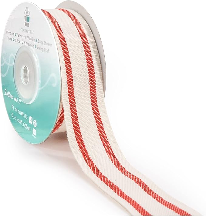 CT CRAFT LLC Ivory Cotton Red Stripes Ribbon 1" x 10 Yards by CTCRAFTLLC