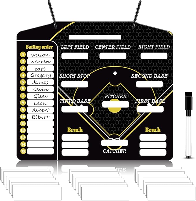 Geyee 34 Pcs Magnetic Baseball Lineup Board for Coach, Erases Easily Magnetic Dugout Board Softball Coaching Board with 30 Lineup Cards 2 Snap Hooks and Marker Pen
