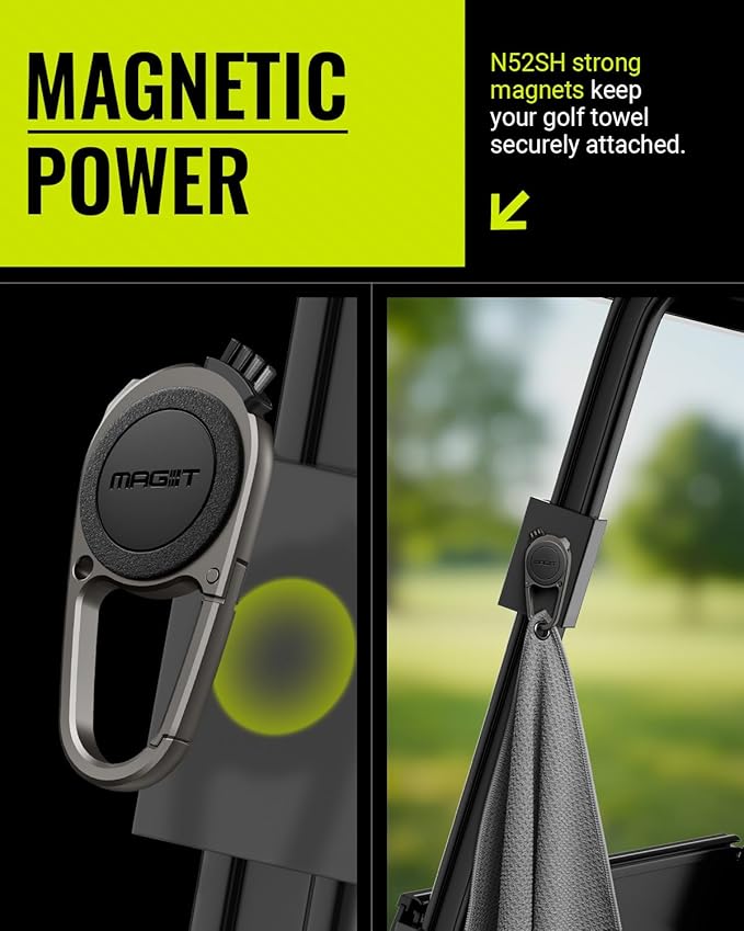 Legato MAG-iT Magnetic Golf Towel with Built-in Groove Cleaner & Sharpener – N52SH Ultra-Strong Magnet, Waffle Microfiber, Carabiner Included – Golf Bag Accessory – Grey
