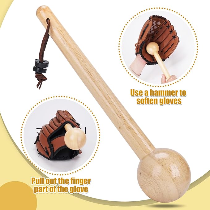 Baseball Glove Break-in kit for Men & Adult, One-Piece Structure Baseball Glove Mallet, Baseball Mitts Wooden Shaping Hammer, Softball Glove Wrap Band, Plastic Practice Ball & Glove Locks