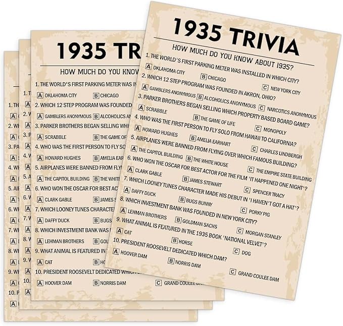 QUPT 90th Birthday Party Games, 1935 Trivia Games, Birthday Party Supplies by QUPT