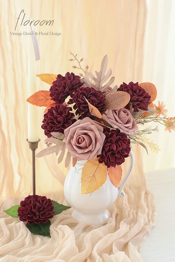 Floroom Artificial Dahlia Flowers 25pcs Real Looking Burgundy Foam Fake Roses - Image 2