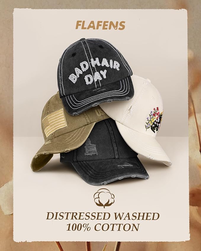 Flafens Women Pony Hats High Ponytail Baseball Caps - Cotton Vintage Washed Distressed Adjustable Criss Cross Trucker Hat