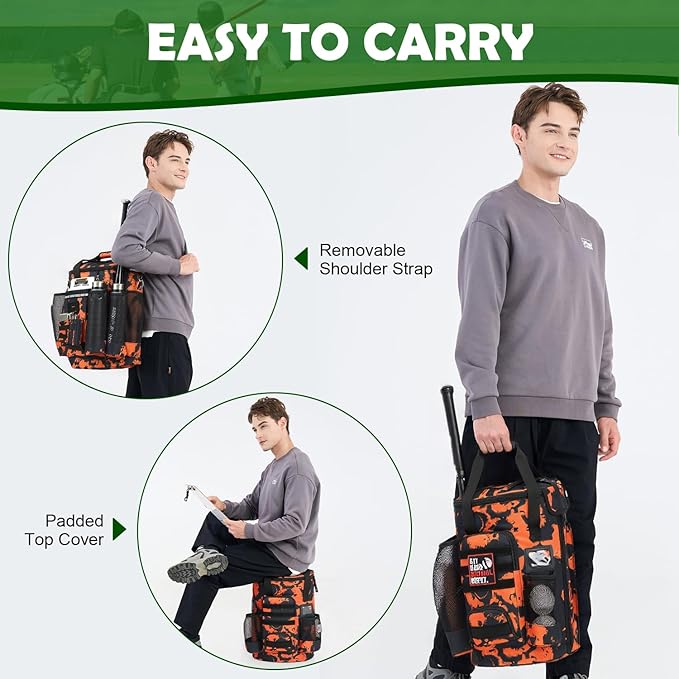 Baseball Bucket Bag Baseball Coaching Accessories Organizer Softball Bucket Bag with Anti-Slip Bottom & Multiple Pockets for Bat, Gloves, Scoreboards