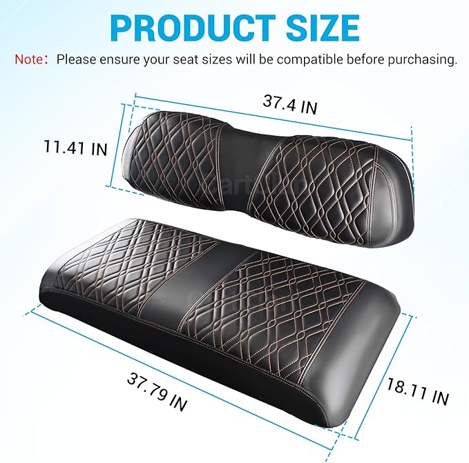 Golf Cart Seat Covers Suitable for 2000.5-UP Club Car DS Standard Front Seat Cushion, Golf Cart Front Seat Covers Kit No Drilling & Waterproof (Black PVC Leather & Brown Stitching)