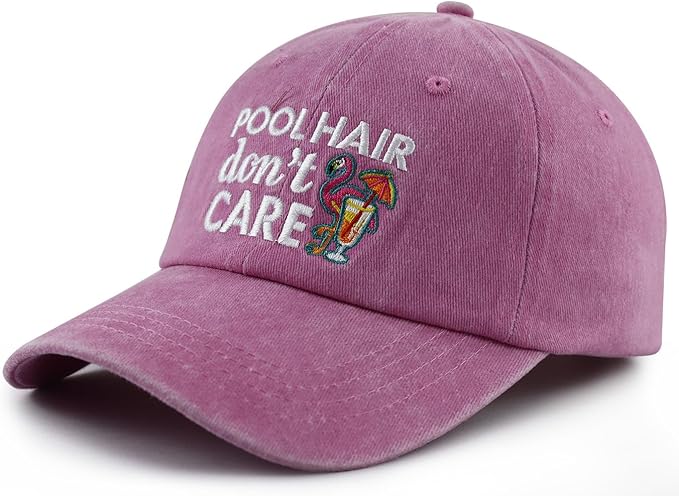 Pool Hair Don't Care Hat for Men Women, Funny Adjustable Cotton Embroidered Flamingo Pool Baseball Cap