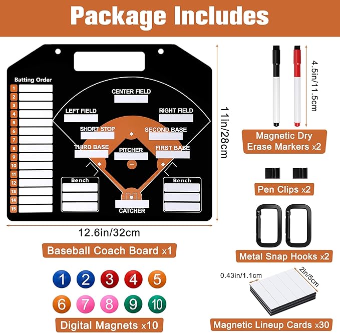 Magnetic Baseball Coach Clipboard, Anglecai Double-Sided Dry Erase Baseball Lineup Board for Softball Dugout Board Baseball Coaching Board with 30 Lineup Card/ 10 Magnet/2 Marker/2 Hook (Black)