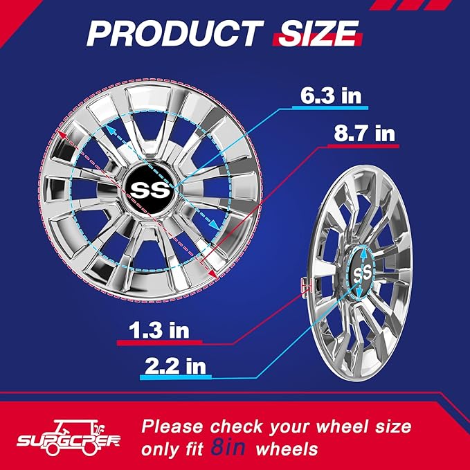Golf Cart SS Wheel Covers, Golf Cart Hub Caps for Club Car EZGO Yamaha and Most Golf Carts, 6-Spoke Design, 8 Inch Golf Cart Wheel Hubcaps (Set of 4), Snap-on Installation, Not Fit EZGO RXV