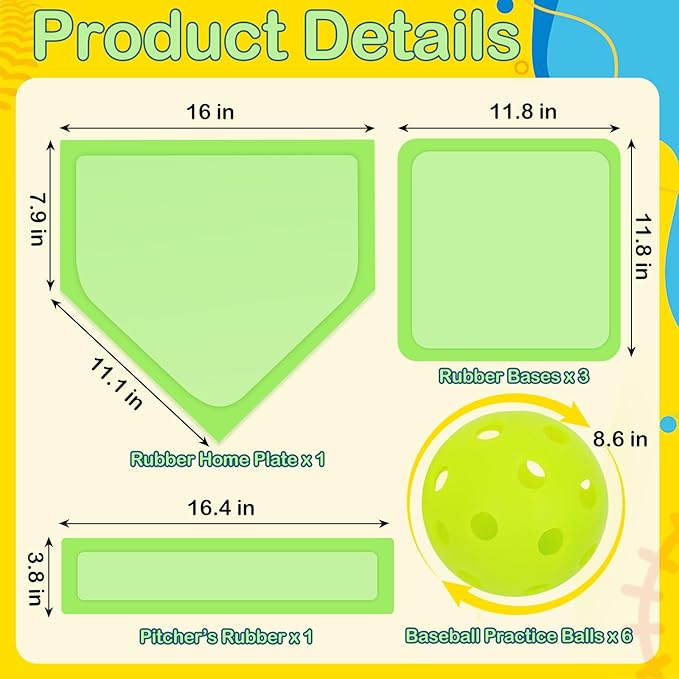 Mototo Rollable Baseball Base for Yard Practice Kit, 5 Baseball Home Plate Rubber Base with 6 Practice Soft Balls & Black Storage Bag, Throw Down Home Plate for Backyard, School Kickball, Tball