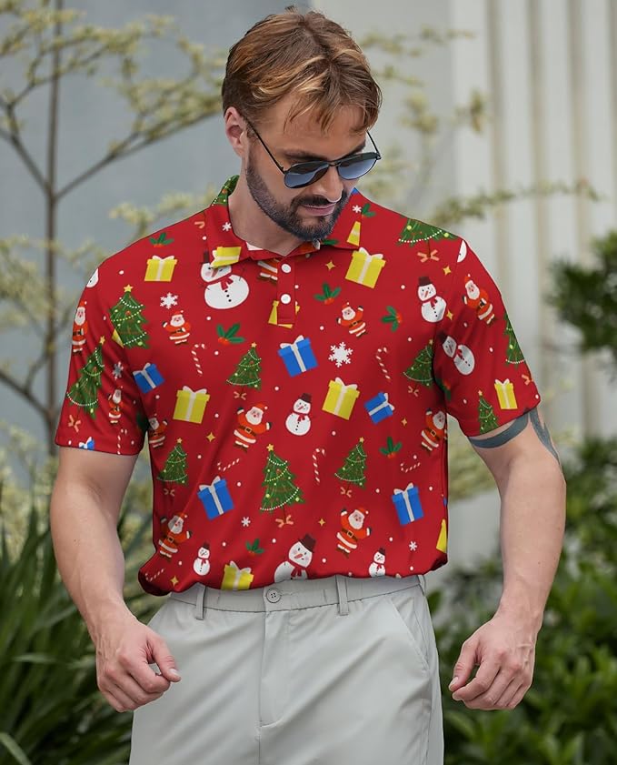 HUURAY Funny Golf Polos for Men Funny Print Short Sleeve Shirts Quick Dry Polo Shirts Hawaiian Shirt Performance Golf Outfits