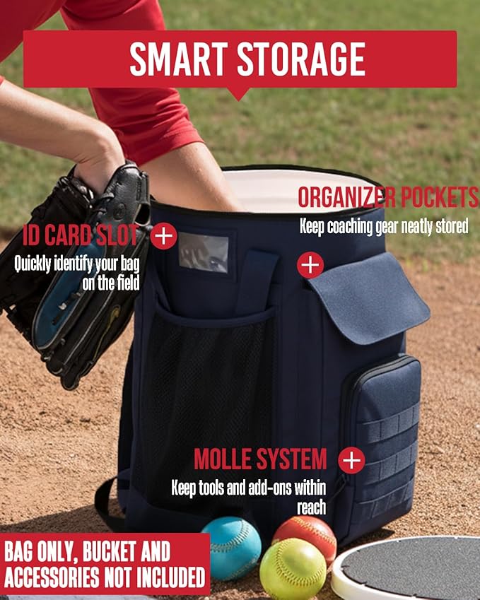 Baseball Bucket Bag, Softball Coaches Bags Fit 6 Gallon Buket, Baseball Coaching Accessories with Multiple Pockets