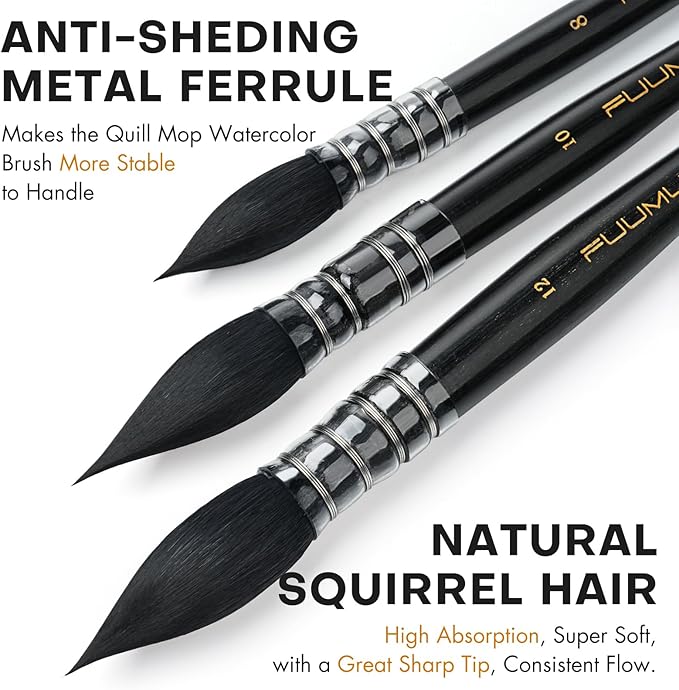3PCS Squirrel Hair Watercolor Brushes, Fuumuui Professional Mop Round Quill - Image 2