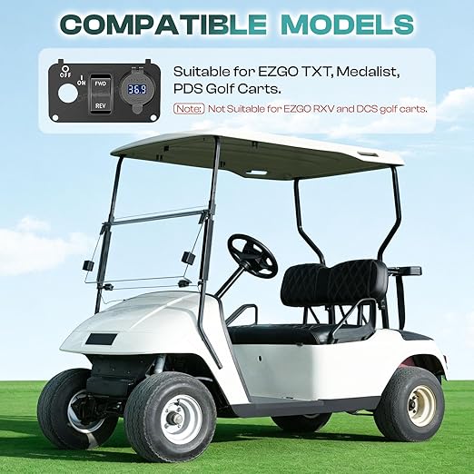 DRIVE UP Golf Cart Key Switch Console Plate, EZGO Forward Reverse Switch Plate Fits EZGO TXT, Medalist, PDS Golf Carts, Equipped with DC 9V-48V 3.1A Fast Charge Dual USB Charger, LED Digital Voltmeter