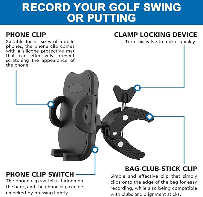 ONHAWKS-Golf Cart Cell Phone Holder Record Swing and Putting Accessories| Selfie Putter Training Aid Works with Any Golf Bag, Club and Alignment Sticks