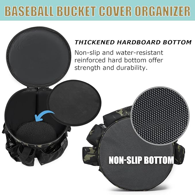 Baseball Bucket Bag Baseball Coaching Accessories Organizer Tactical Style Softball Bucket Bag with Anti-Slip Bottom, Multiple Pockets for Bat, Gloves, Scoreboards