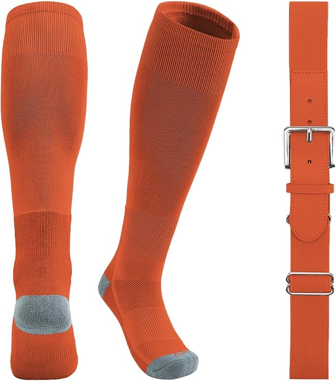 QBK Youth Baseball Socks & Belt Combo Set for Kids 2-16 Years -Softball/Tee Ball Accessories (1 Pair + 1 Belt, Unisex)