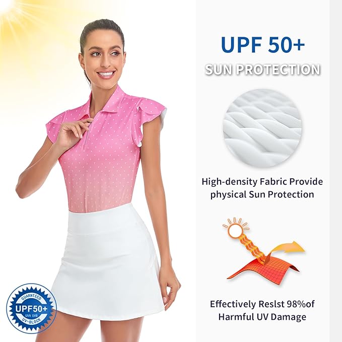 Soneven Womens Petal Sleeve Golf Shirts Moisture Wicking Lady Golf Apparel Print Tennis Sport T Shirt