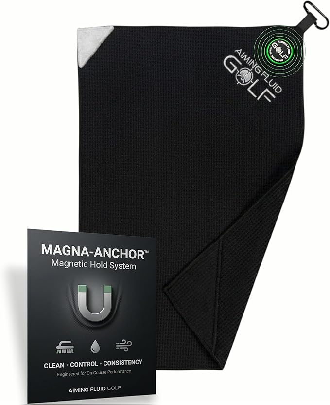 Magnetic 3-Stage Cleaning System Golf Towel - Microfiber Rag with Magnet for Golfcart Bags for Men and Women Golfers Accessories (Black, 16" x 24" Stubby)