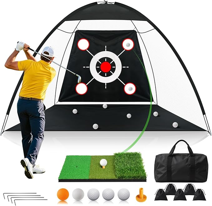 Golf Net 10x7FT All-in-One with Tri-Turf Practice Mat, Ball, Target & Carry Bag, Backyard & Indoor Outdoor Golf Hitting Net for Driving, Chipping, Swing Training, Golf Gift for Men, Dad, Him, Golfer