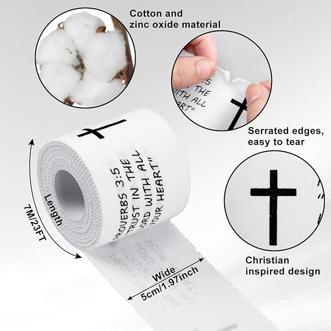 MiniInflat 2 Pcs Christian Cross Athletic Tape Sports Tape 2in x 23ft Religion Jesus Wrist Wrap for Soccer Football Baseball, Gift for Graduation Teacher Nurses Week Pentecost(White,Proverbs)