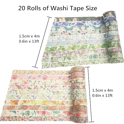 Floral Washi Tape Set 20 Rolls 15mm Wide Flower Decorative Paper Tapes - Image 2