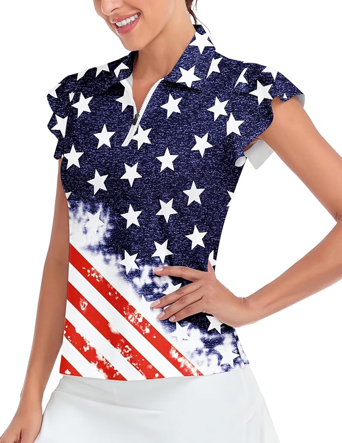 Soneven Womens Petal Sleeve Golf Shirts Moisture Wicking Lady Golf Apparel Print Tennis Sport T Shirt