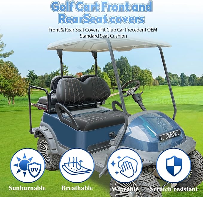 4PCS Golf Cart Seat Covers Kit, Front and Rear Seat Covers,Vinyl Seat Covers Accessories, No Staples（Black&Brown Stitch） (Fits Club Car Precedent)