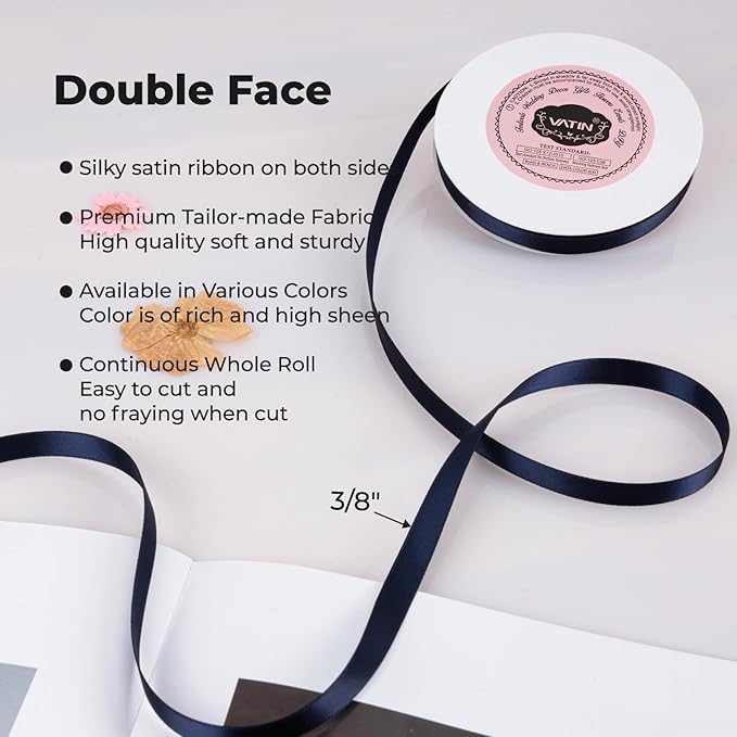 VATIN Double Face Deep Navy Blue Satin Ribbon 3/8" Continuous 50 Yards - Image 2