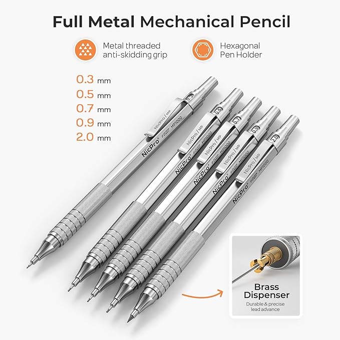 Nicpro Metal Mechanical Pencil Set, 0.9 mm & 2mm Graphite Lead Holder - Image 2