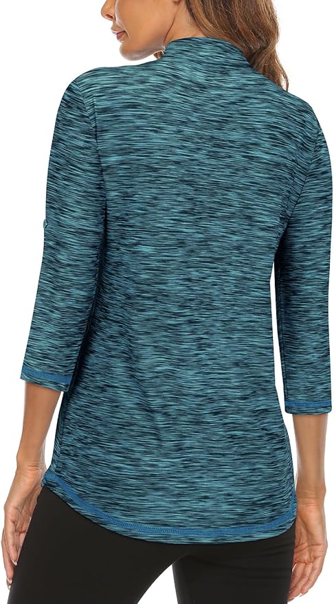 Koscacy Women's 3/4 Roll Sleeve Golf Tennis Polo Shirts UPF50+ Half Zip Dry Fit Workout Tops Athletic Shirt