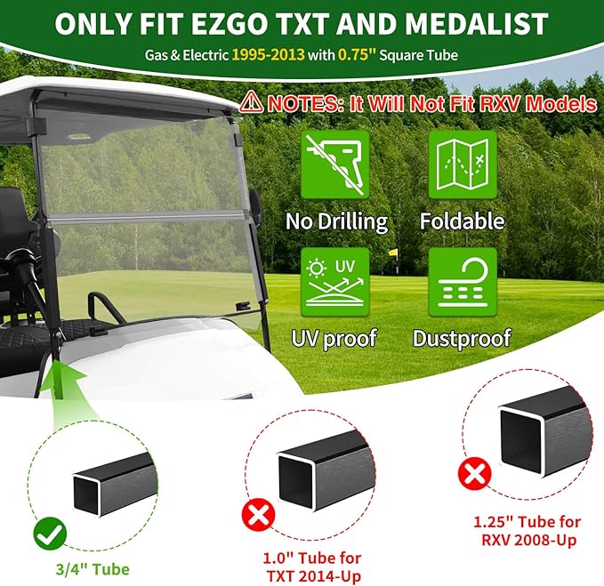 Golf Cart Foldable Windshield 3/16" (5MM) Thicken for 1995-2013 EZGO TXT & Medalist, 40.75" W×33.85" H, Fits 3/4" Rail Front Folding Windscreen Glass Scratch-Resistant, Shatterproof, Anti-UV