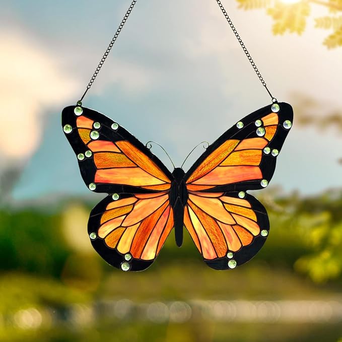PA0007 Butterfly Stained Glass Hanging Panel 17" Wx12.75 H, Handmade Suncatcher - Image 4