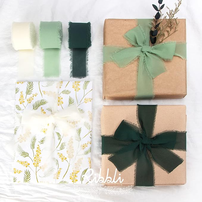 Ribbli Green Chiffon Ribbon1.5 inch x 30 Yard Handmade Silk Ribbon - Image 6