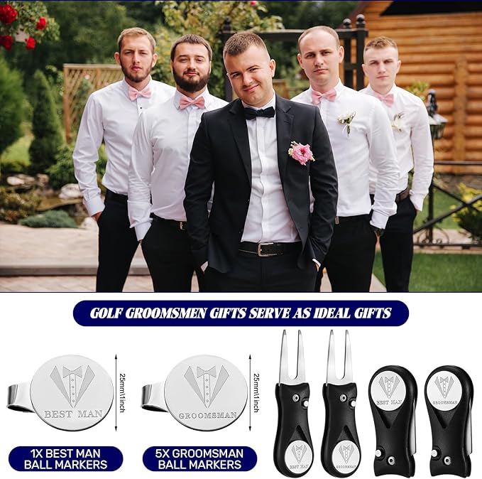 Sliner 6 Sets Groomsman Golf Proposal Gifts Include Groomsman Golf Ball Marker and Magnetic Divot Tool with Gift Box for Wedding