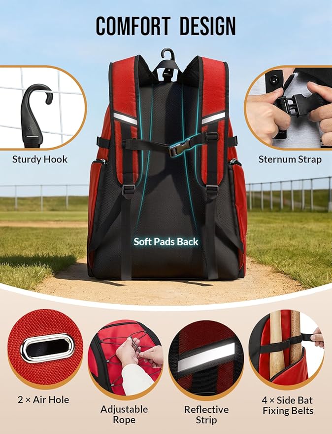 Baseball Backpack for Adult Large Capacity Softball Bat Bag with Shoe Compartment & Wet Pocket Baseball Bag with Fence Hook for 4 Bats & Equipment