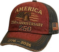 USA 250th Anniversary Hat, Adjustable 250th Anniversary Printed Patriotic Baseball Caps, Tribute Retro Washed Hat