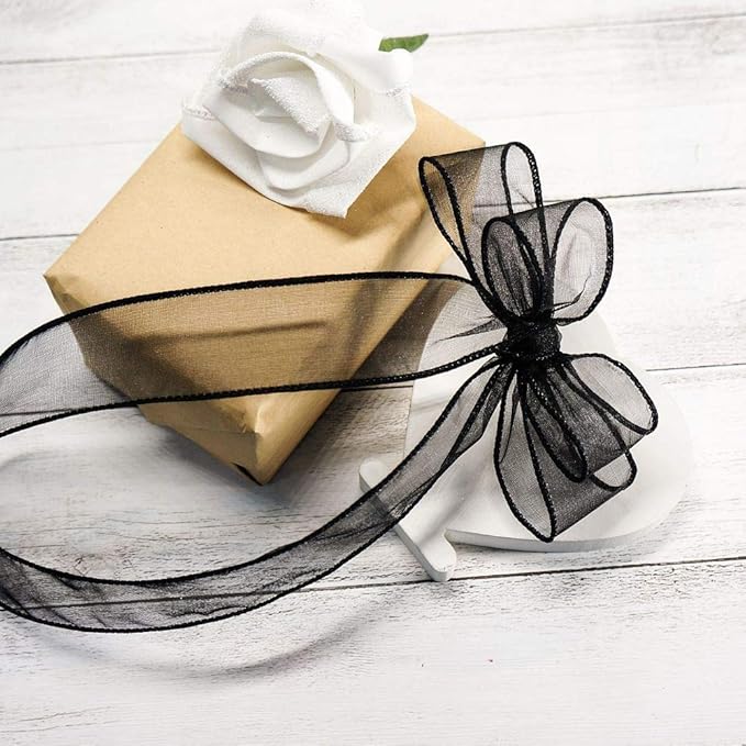CT CRAFT LLC Sheer Organza Wired Ribbon 1.5" x 25 Yards x 2 Rolls Black - Image 6