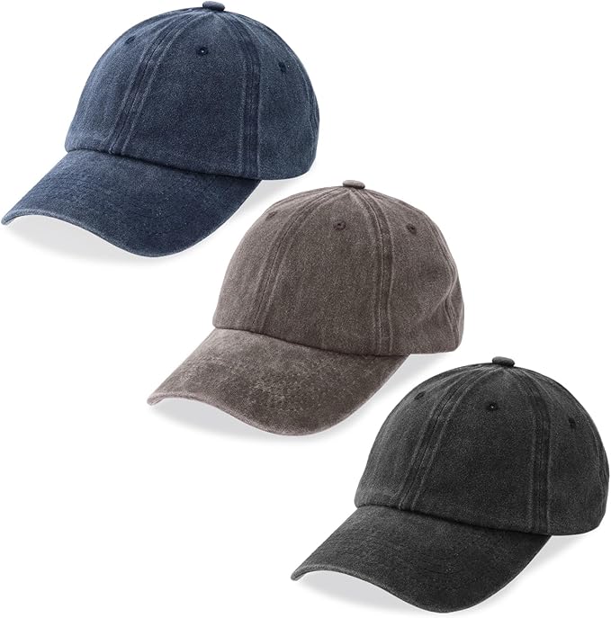 MEINICY 3 Packs Washed-Cotton Plain Baseball Cap, Vintage Adjustable Dad Hats Gift for Men/Women,Unstructured