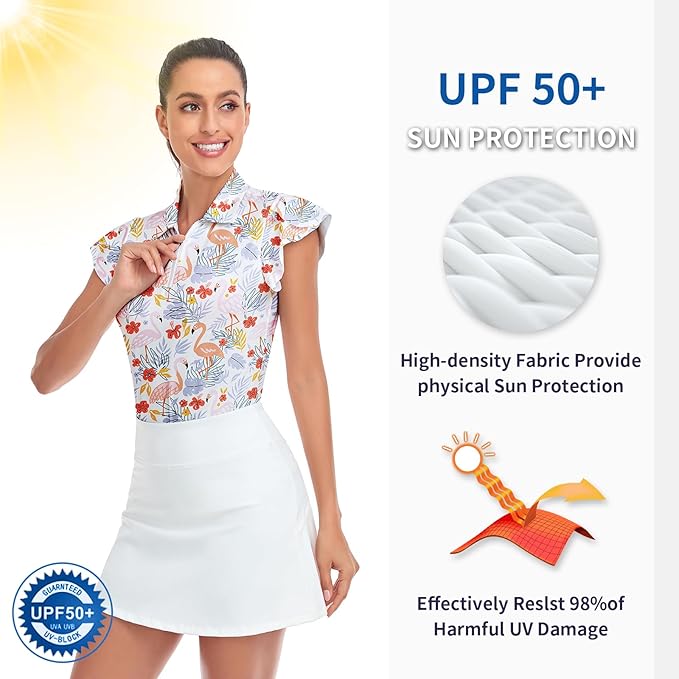 Soneven Womens Petal Sleeve Golf Shirts Moisture Wicking Lady Golf Apparel Print Tennis Sport T Shirt