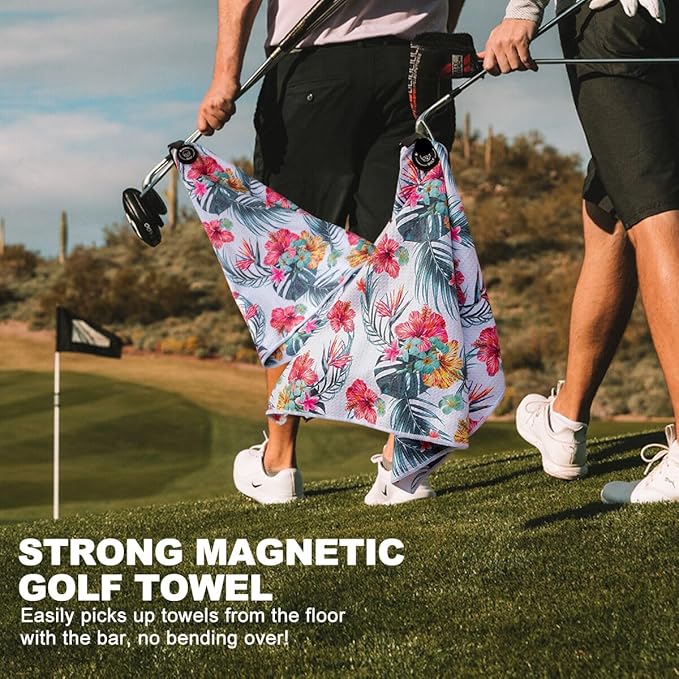 Golf Towel Magnetic Golf Bags Towel with Clip for Men & Women，Microfiber Fabric Waffle Pattern Golf Towels for Strong Hold to Golf Carts or Clubs (White)
