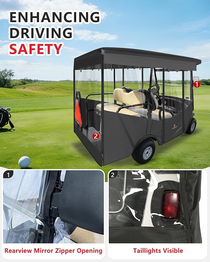 Golf Cart Enclosures 4 Passenger,Golf Cart Cover for Club Car Precedent Long Roof 2+2 Seater,Waterproof 600D Driving Rain Cover,Roll Up 4-Sided Clear Windows&Door,Club Car Golf Cart Cover Accessories