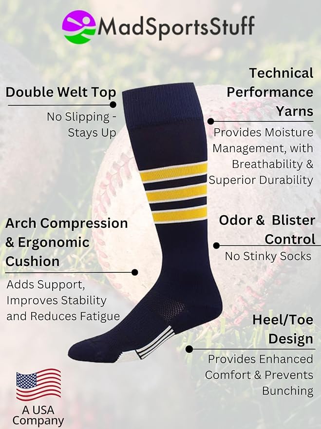 MadSportsStuff Softball Socks Baseball Socks | White & Team Colors | USA Made | Sizes for Girls, Youth Boys, Men & Women