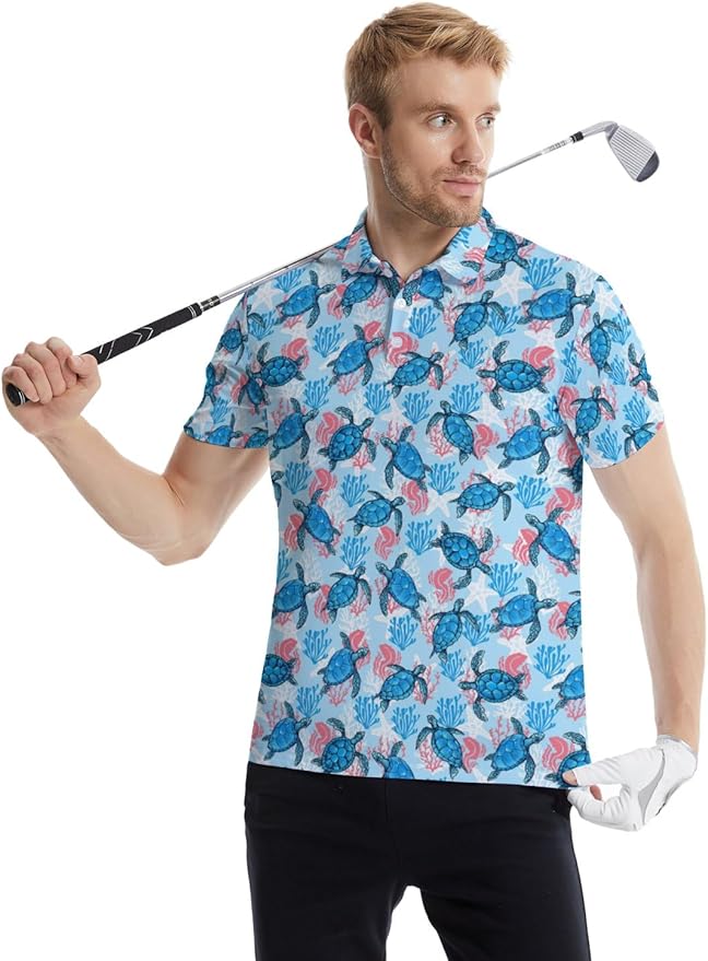 HUURAY Funny Golf Polos for Men Funny Print Short Sleeve Shirts Quick Dry Polo Shirts Hawaiian Shirt Performance Golf Outfits